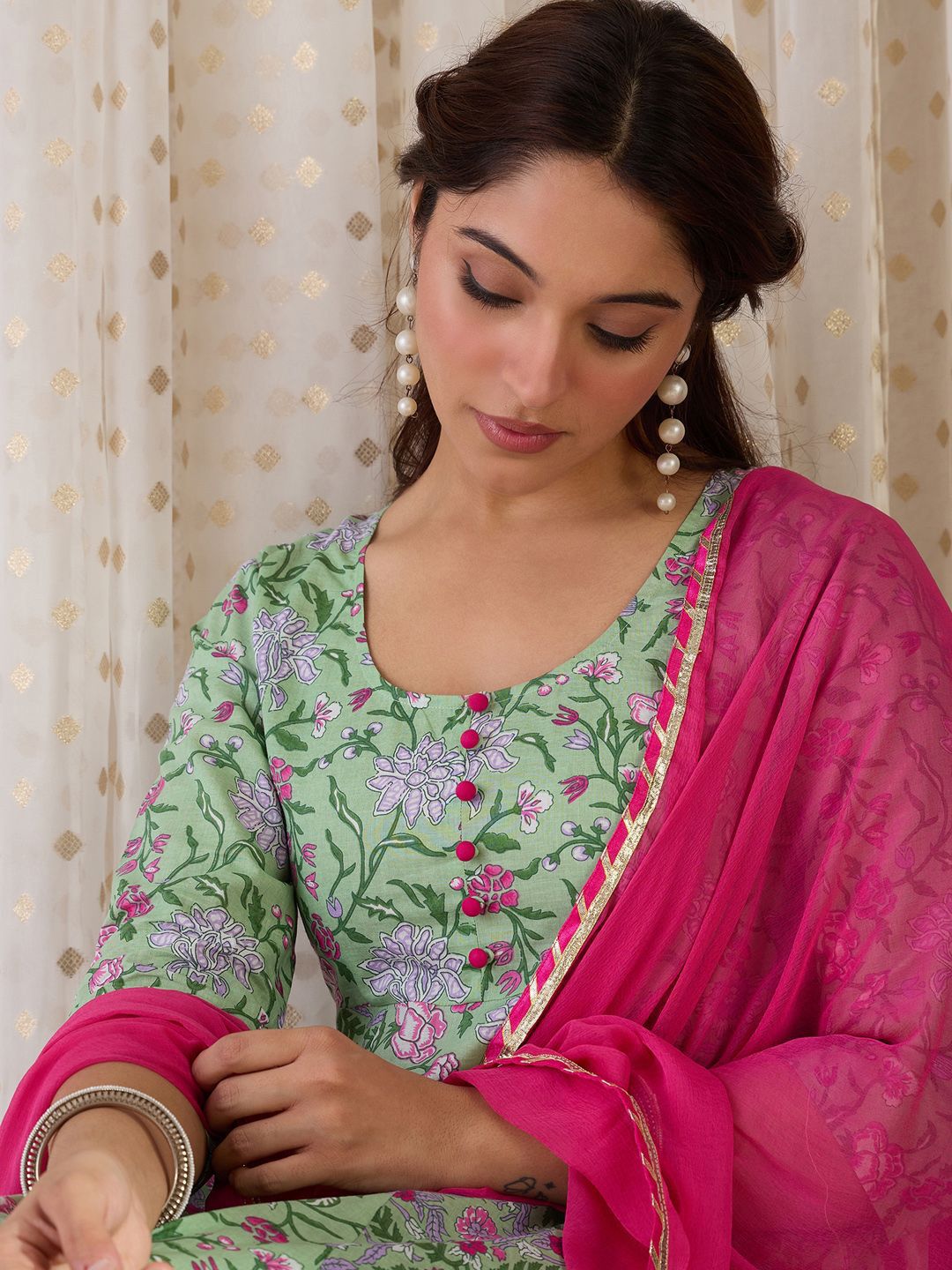 Indo Era Floral Printed Round Neck Pure Cotton A-Line Kurta & Trousers With Dupatta