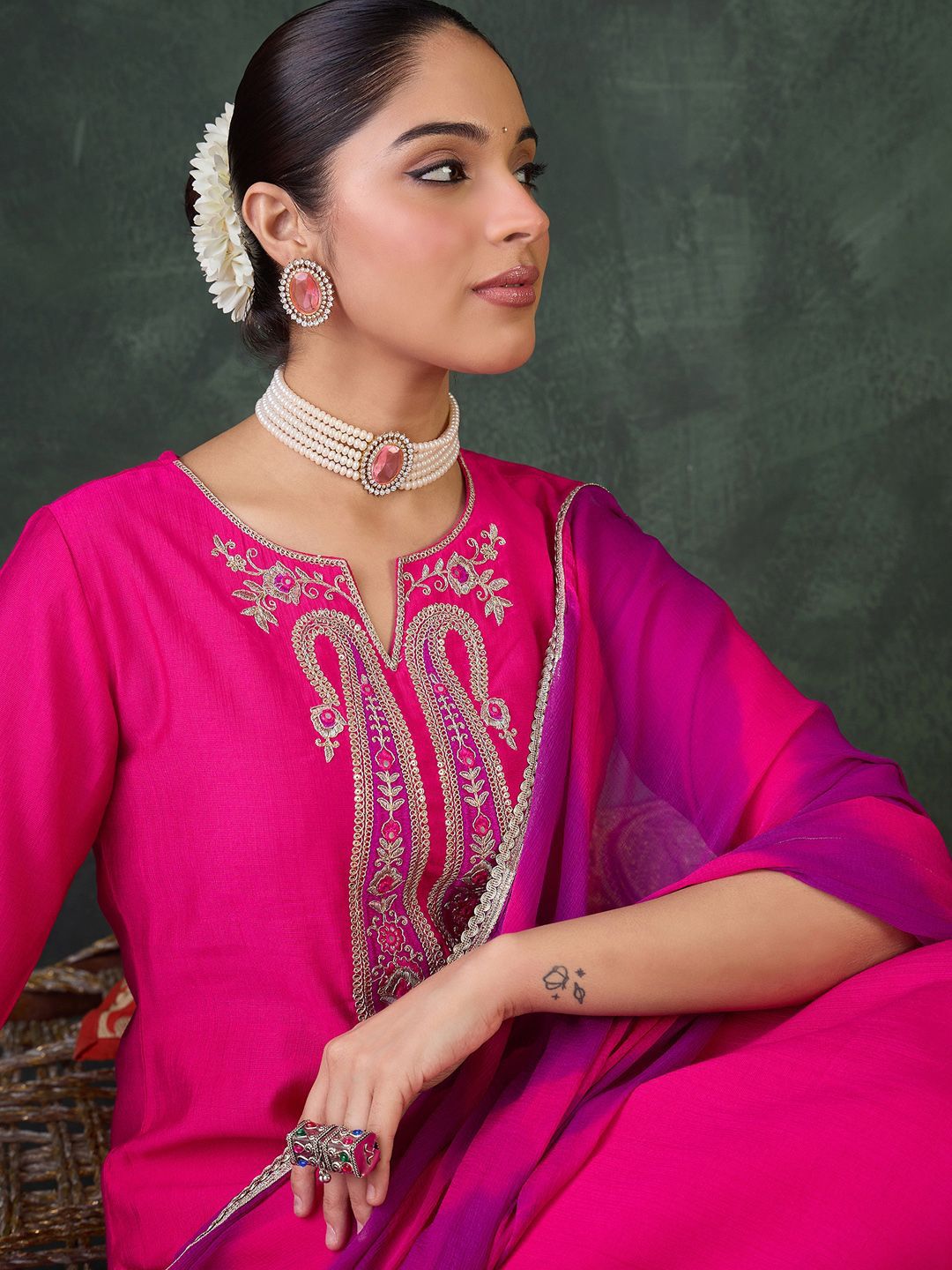 Indo Era Ethnic Motifs Embroidered Sequinned Kurta With Trousers & Dupatta