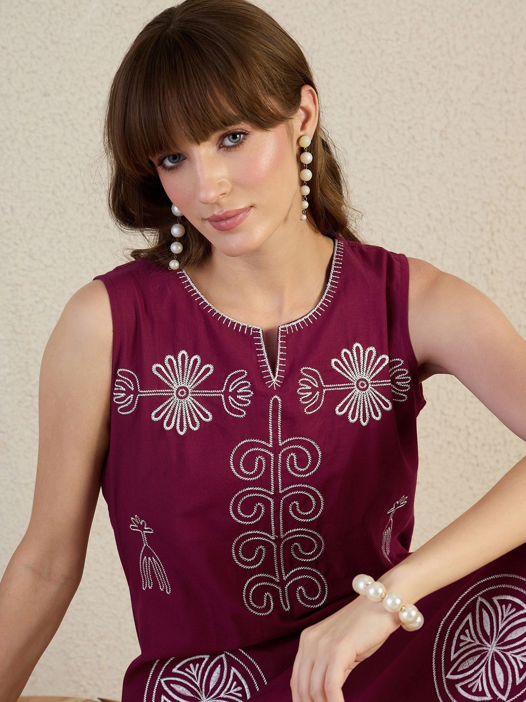 Indo Era Floral Embroidered Notch Neck Thread Work Pure Cotton Straight Kurta & Palazzos