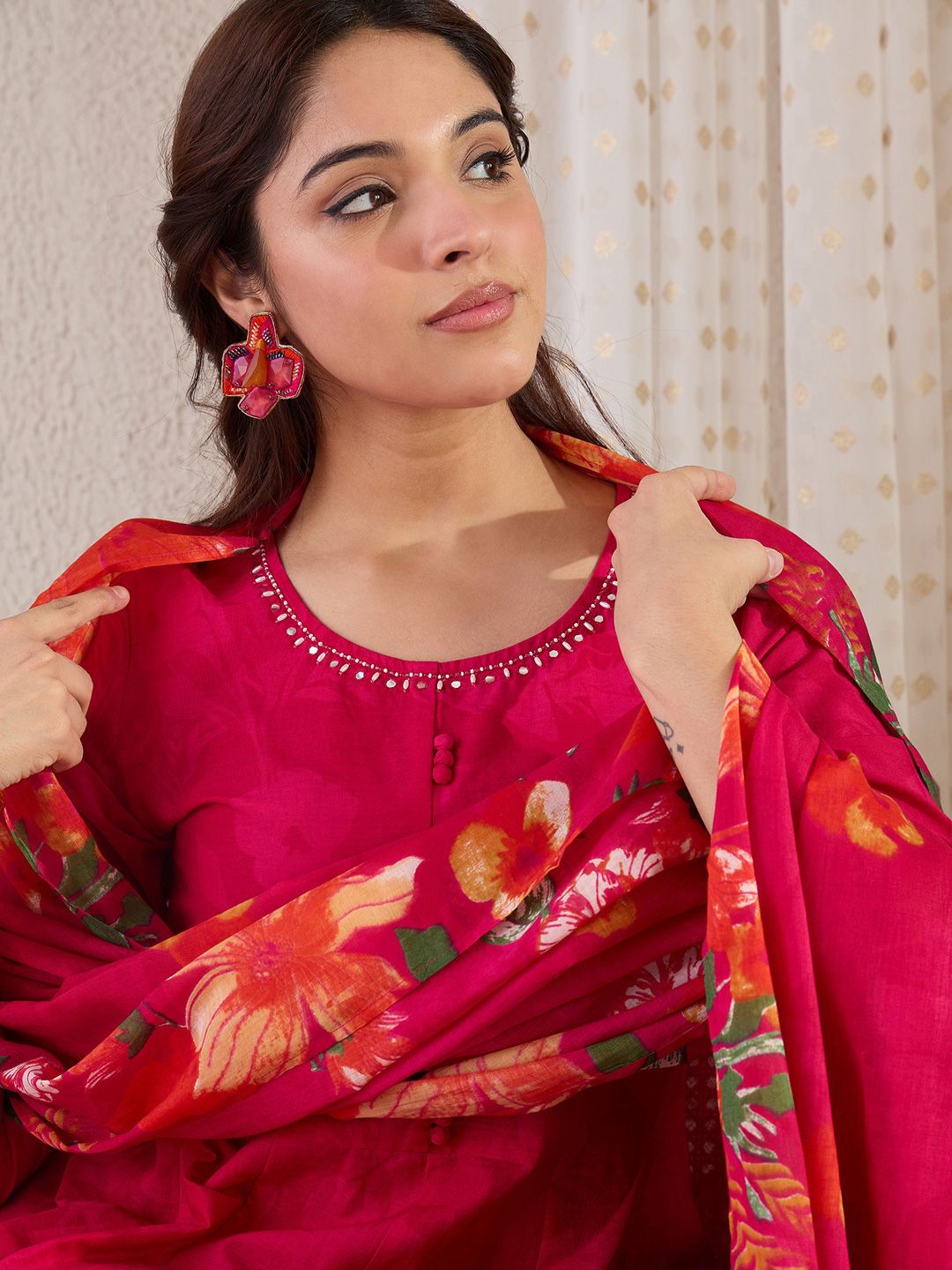 Indo Era Women Floral Printed Regular Pure Cotton Kurta with Trousers & Dupatta