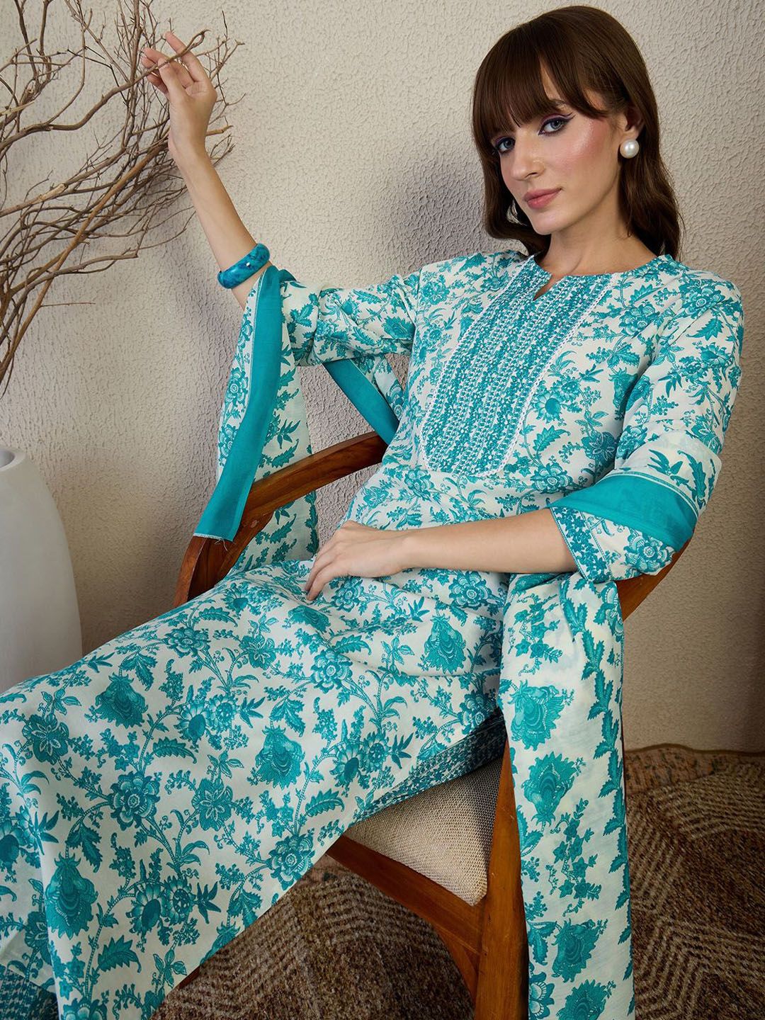 Indo Era Floral Printed Straight Kurta With Trousers & Dupatta