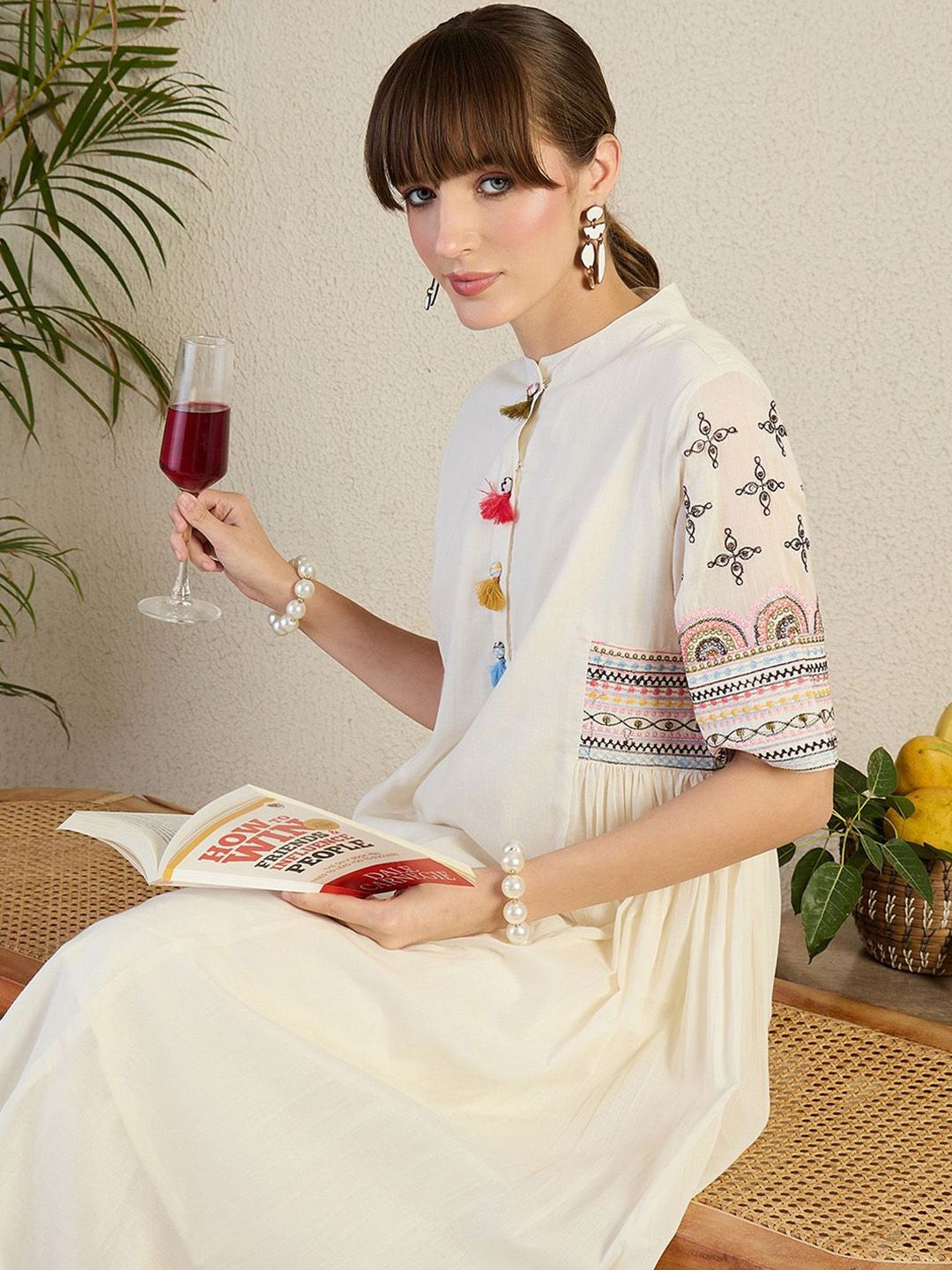 Indo Era Women Ethnic Motifs Embroidered Sequinned Pure Cotton A-Line Kurta with Trousers