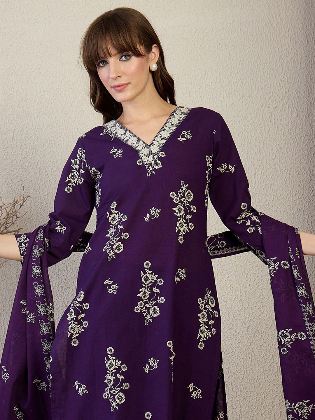 Indo Era Women Floral Printed Regular Pure Cotton Kurta with Trousers &  Dupatta
