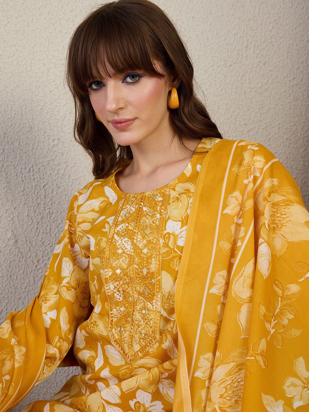 Indo Era Floral Printed Thread Work Straight Kurta With Trouser & Dupatta