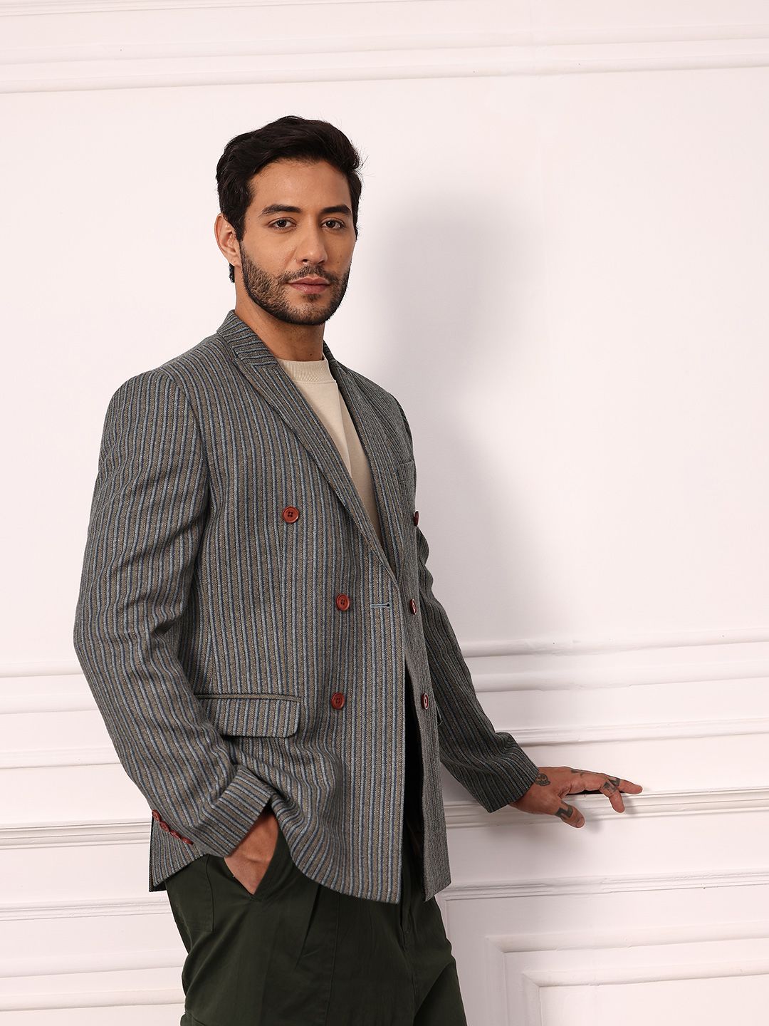 Mr Bowerbird Striped Notched Lapel Double-Breasted Twill Weave Blazer-picture-24