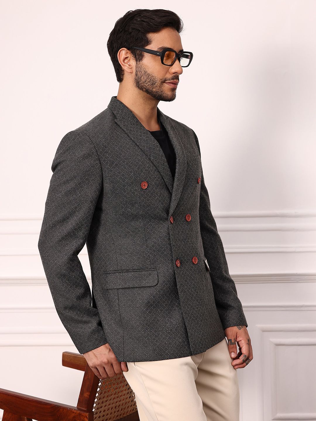 Mr Bowerbird Woven Design Tailored Fit Double-Breasted Blazer-image-8