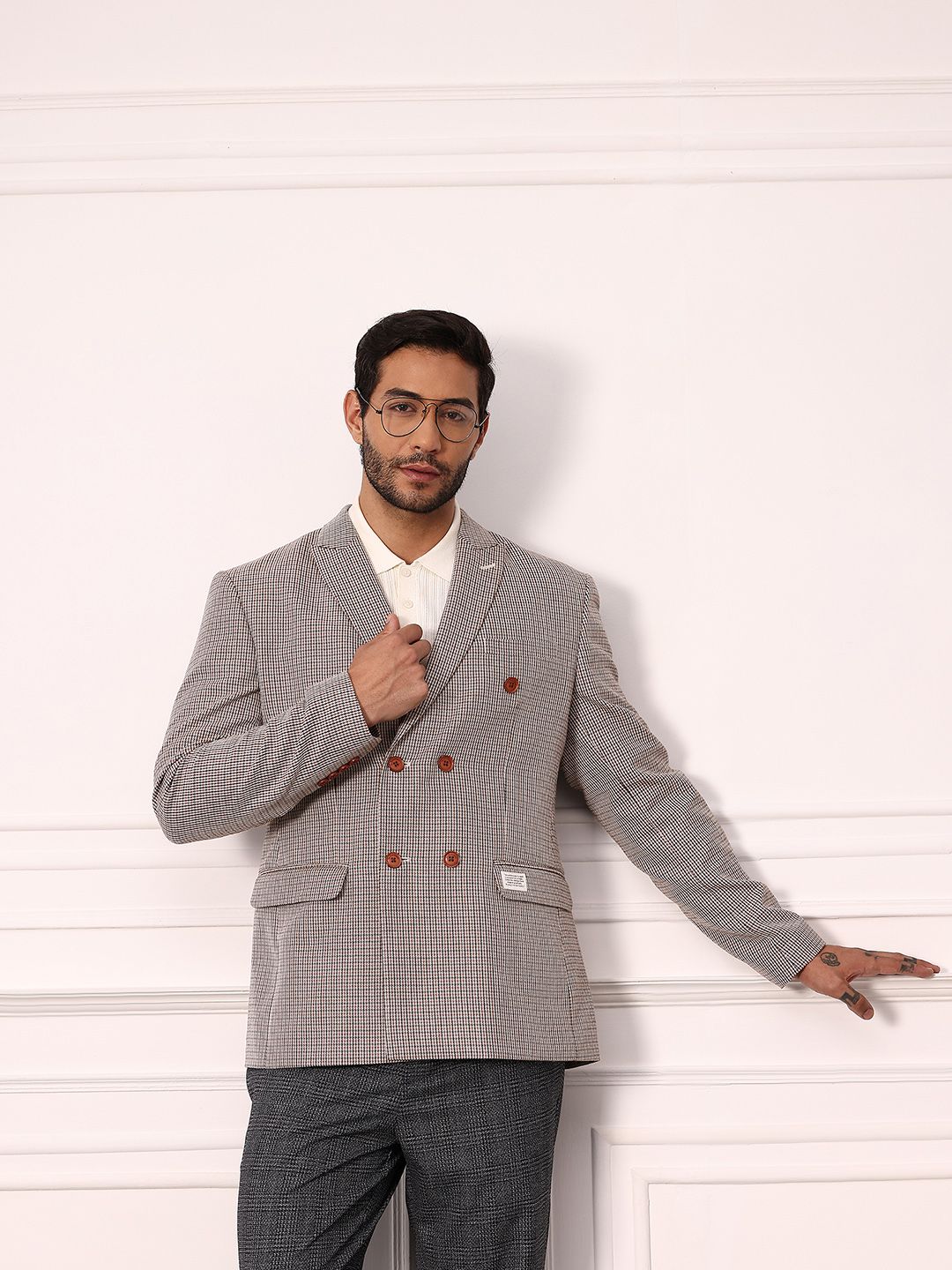 Mr Bowerbird Notched Lapel Houndstooth Weave Double Breasted Blazer-picture-58