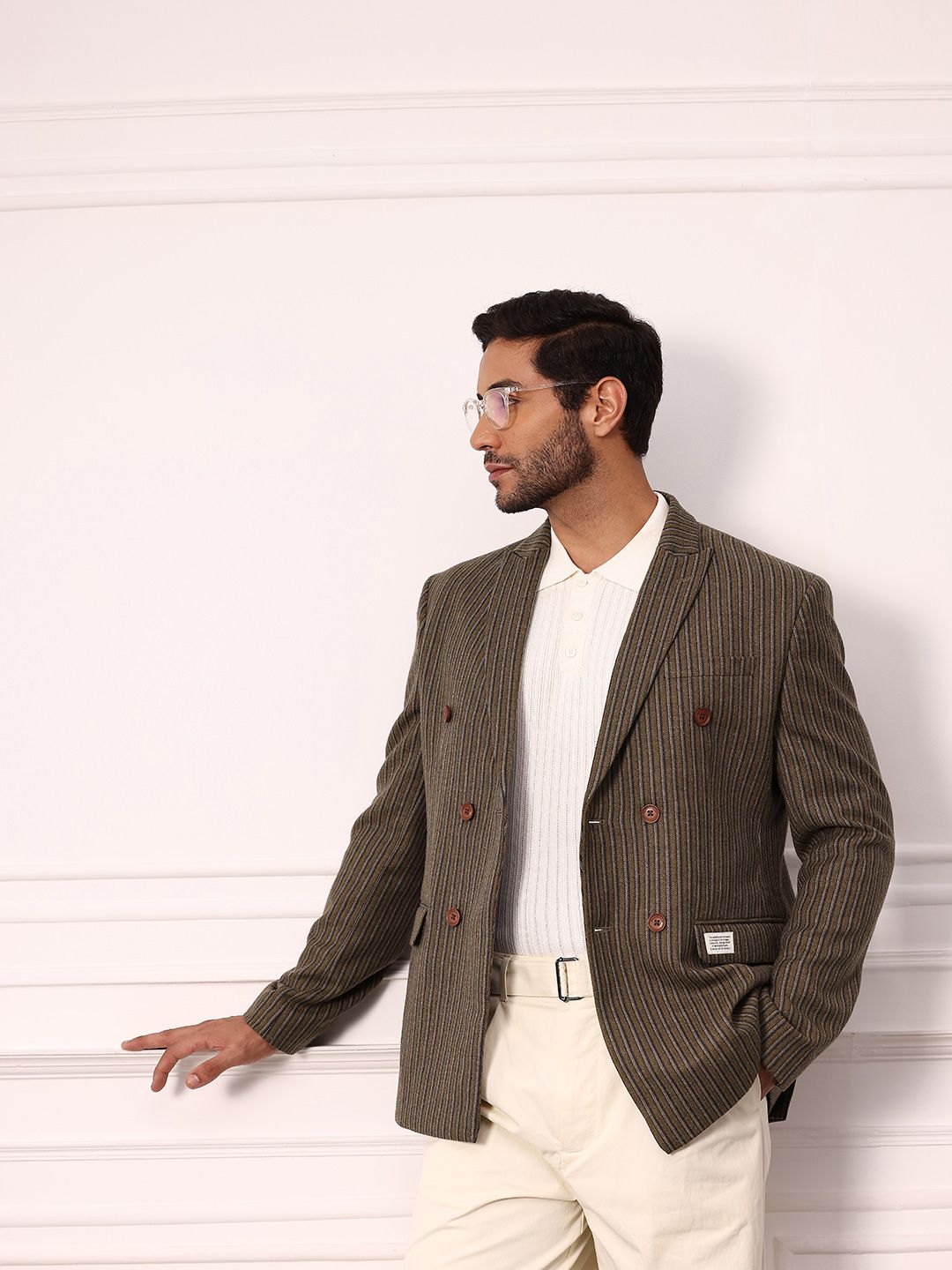 Mr Bowerbird Striped Notched Lapel Double-Breasted Twill Weave Blazer