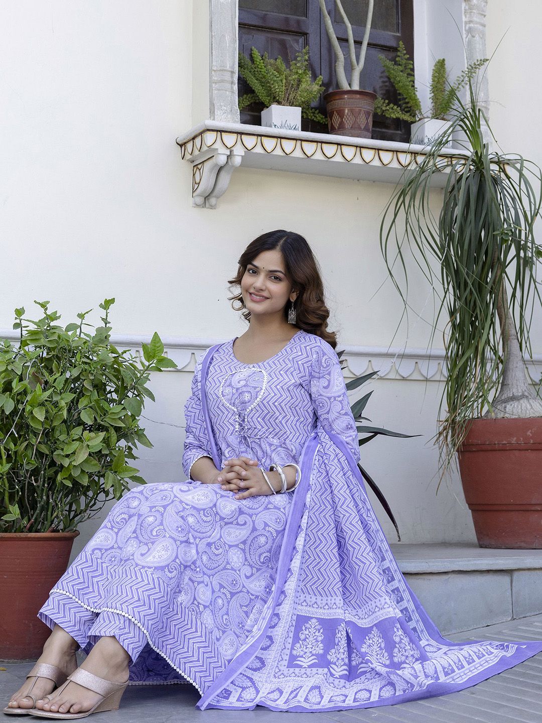 Anouk Women Floral Printed Beads and Stone Pure Cotton Kurta Set With Dupatta