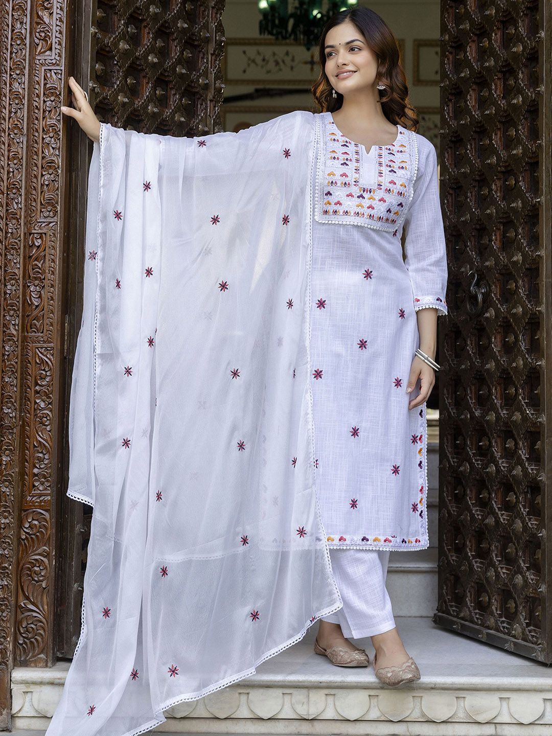 Anouk Floral Embroidered Pure Cotton Straight Kurta With Trousers & Dupatta