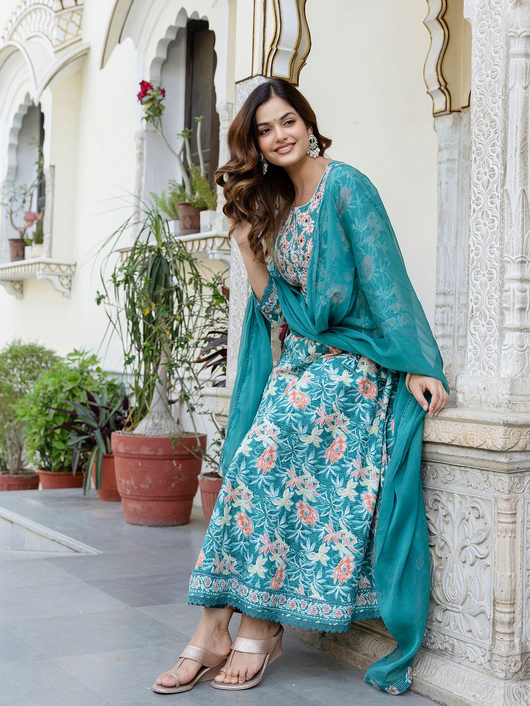 Anouk Floral Printed Pure Cotton Kurta with Trouser & Dupatta