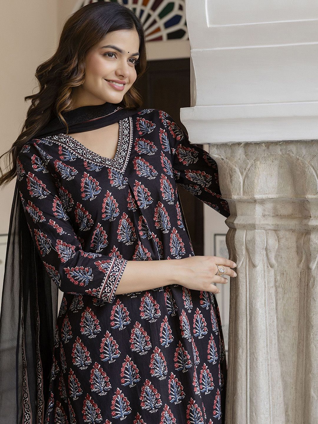 Anouk  Floral Printed Pure Cotton A-Line Kurta With Trousers & Dupatta