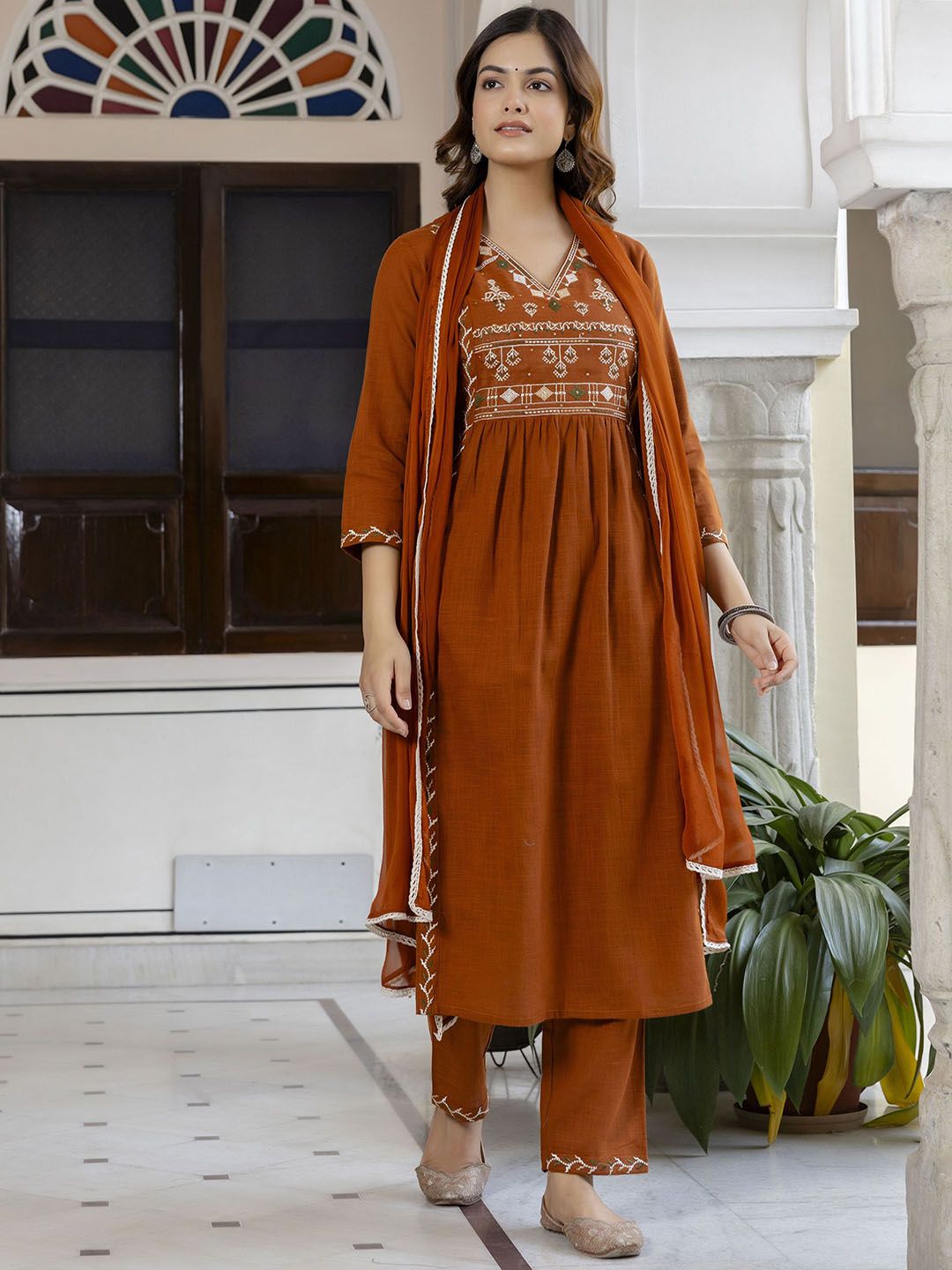 Anouk Women Ethnic Motifs Embroidered Aari Work Cotton Kurta with Trousers & With Dupatta