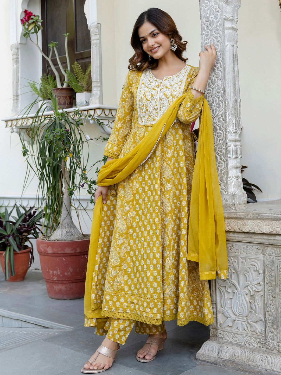 Anouk Women Floral Embroidered Cotton Kurta with Trousers & Dupatta