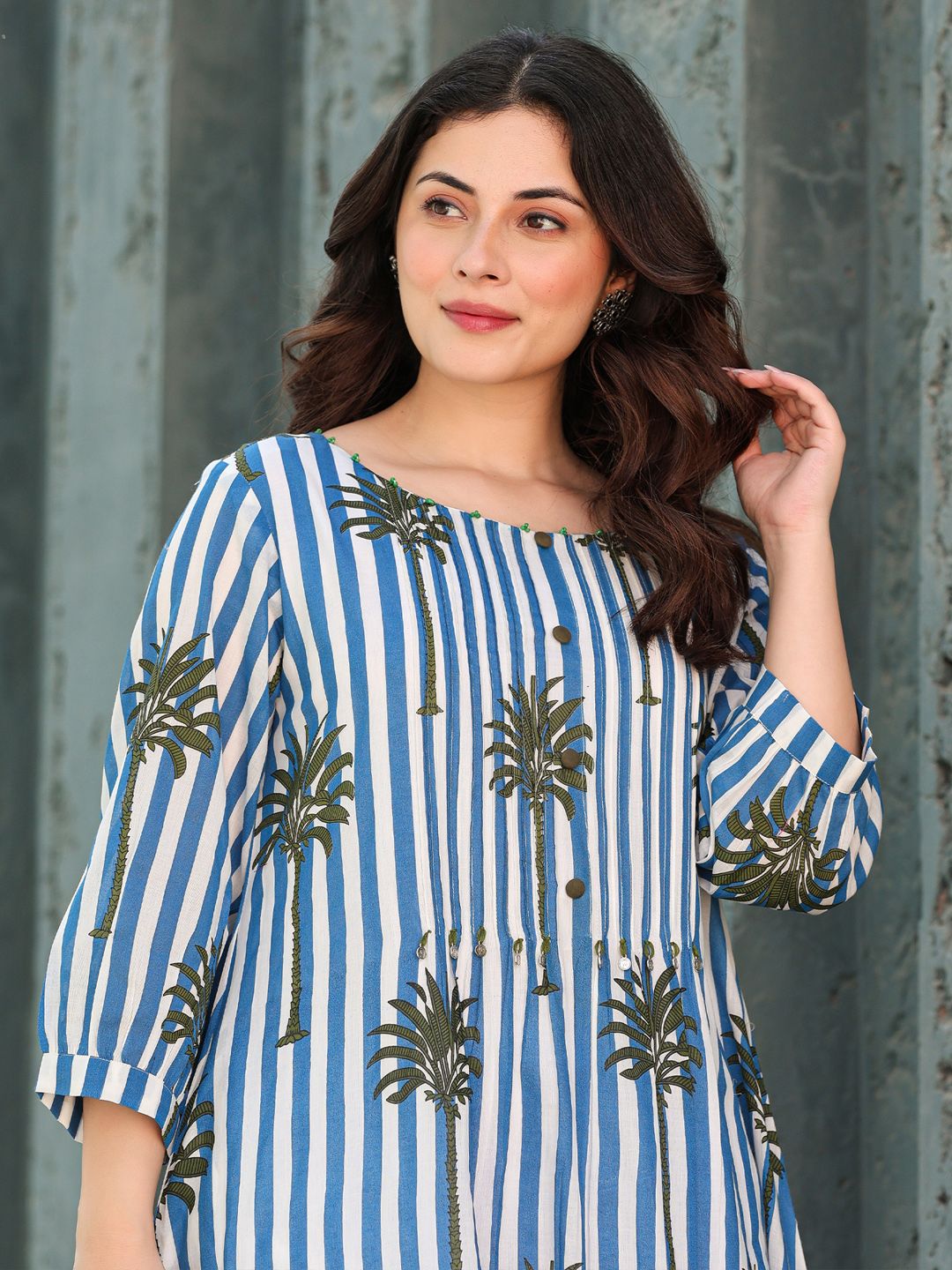 Indo Era Floral Printed Round Neck Pure Cotton A-Line Kurta With Trousers