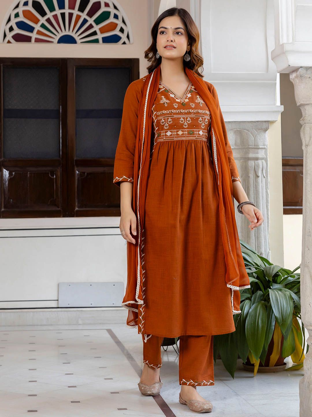 EthniFlair Women Ethnic Motifs Embroidered Pleated Aari Work Pure Cotton Kurta Set