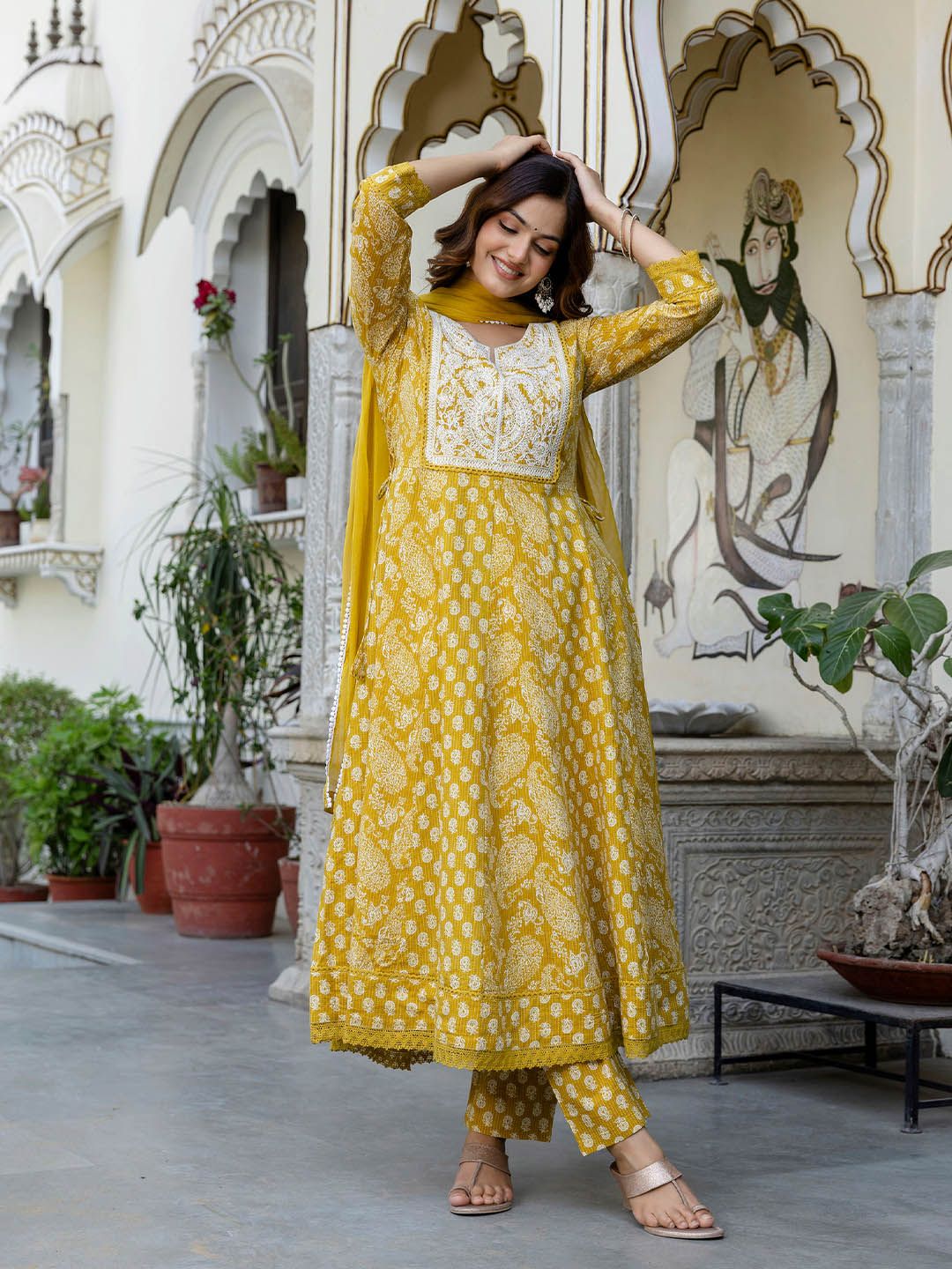 EthniFlair Floral Printed Notch Neck Pure Cotton Anarkali Kurta & Trousers With Dupatta-image-6