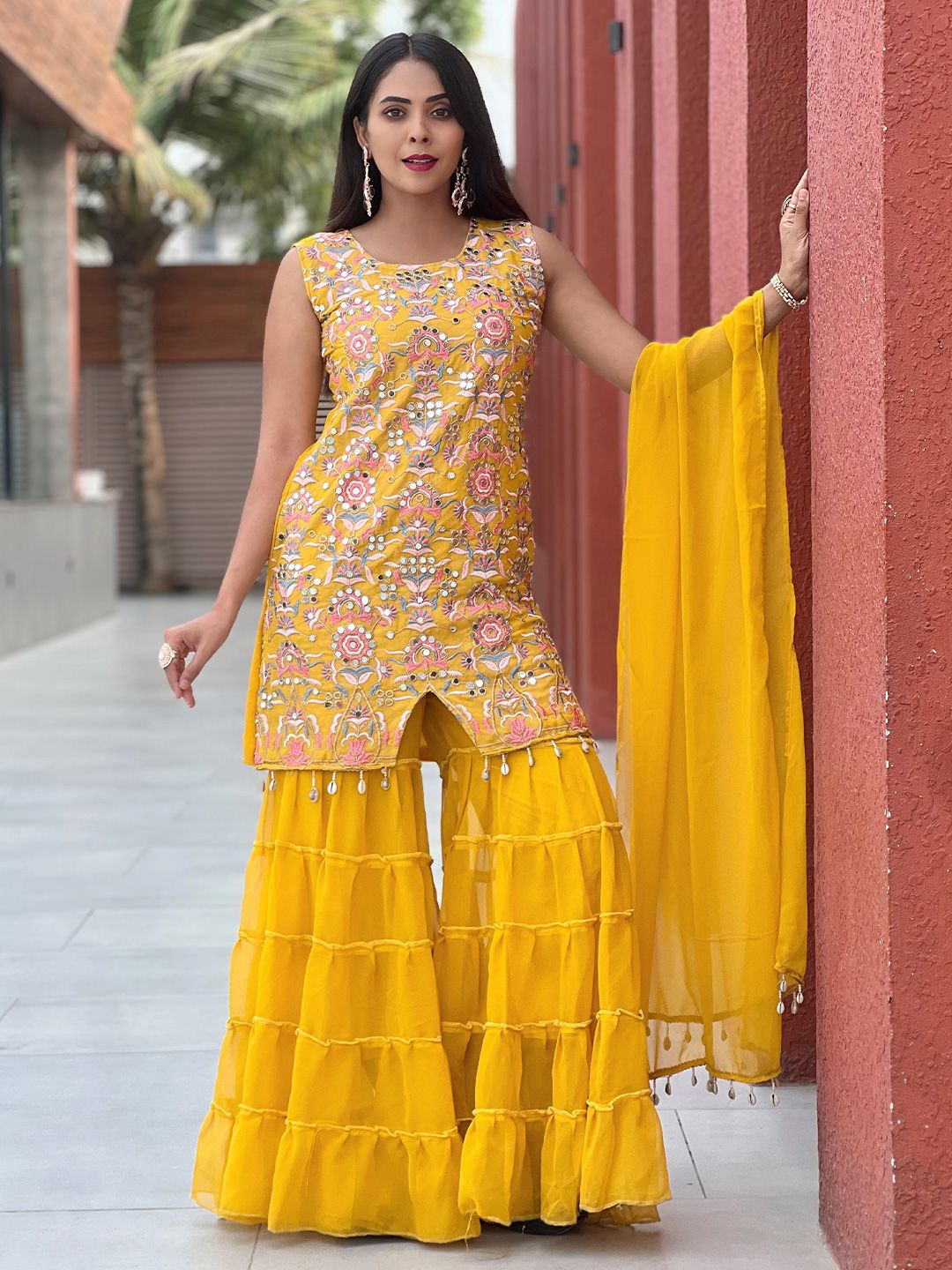 GRISHU COLLECTION Women Floral Embroidered Silk Georgette Top with Sharara & With Dupatta