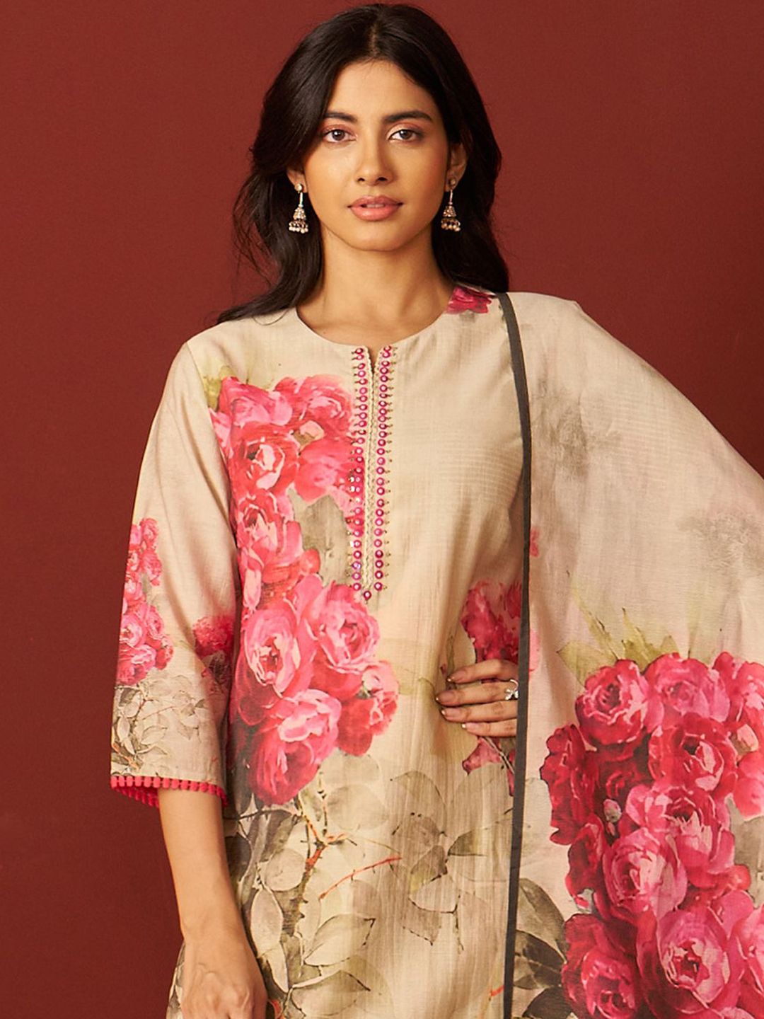 Indo Era Floral Printed Notch-Neck Straight Kurta With Trousers And Dupatta