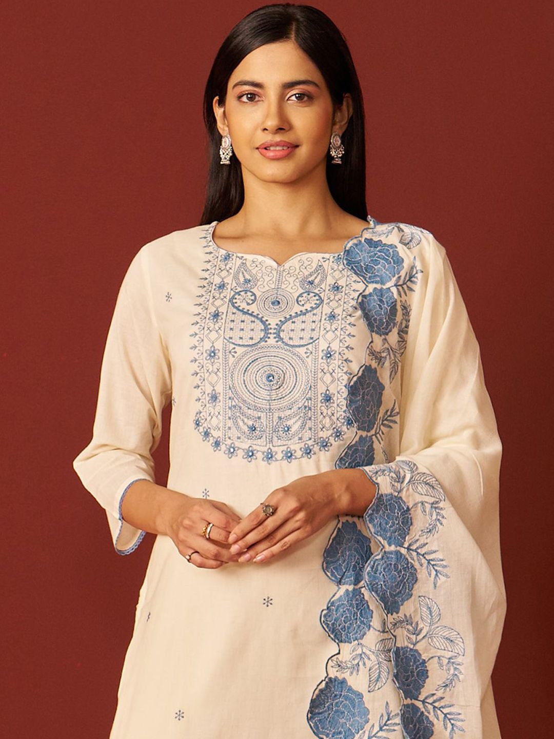 Indo Era Paisley Embroidered Thread Work Pure Cotton Kurta With Trousers And Dupatta