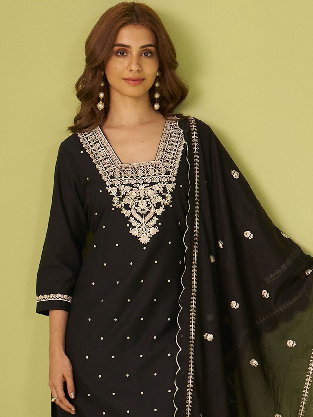 Indo Era Women Floral Embroidered Cotton Kurta with Trousers & Dupatta