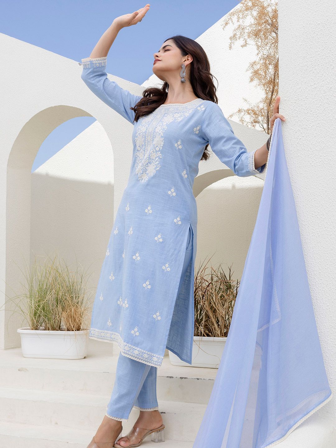 Anouk Women Floral Embroidered Cotton Kurta with Pyjama & Dupatta