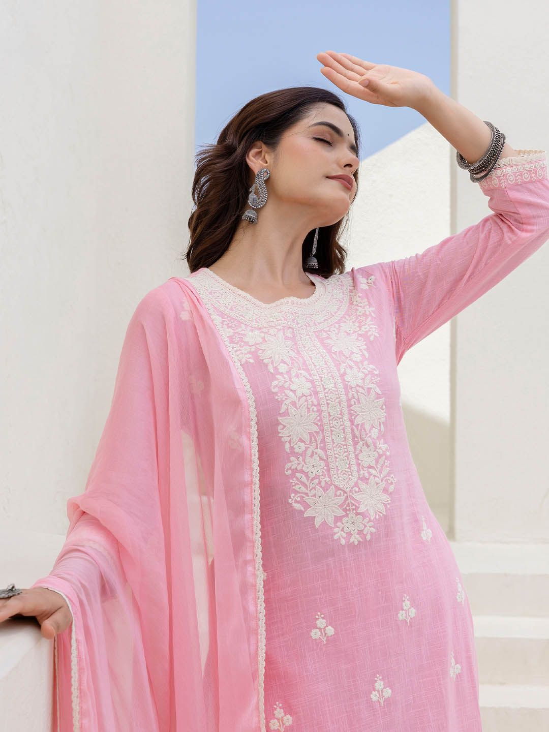 EthniFlair Women Floral Embroidered Cotton Kurta with Trousers & Dupatta