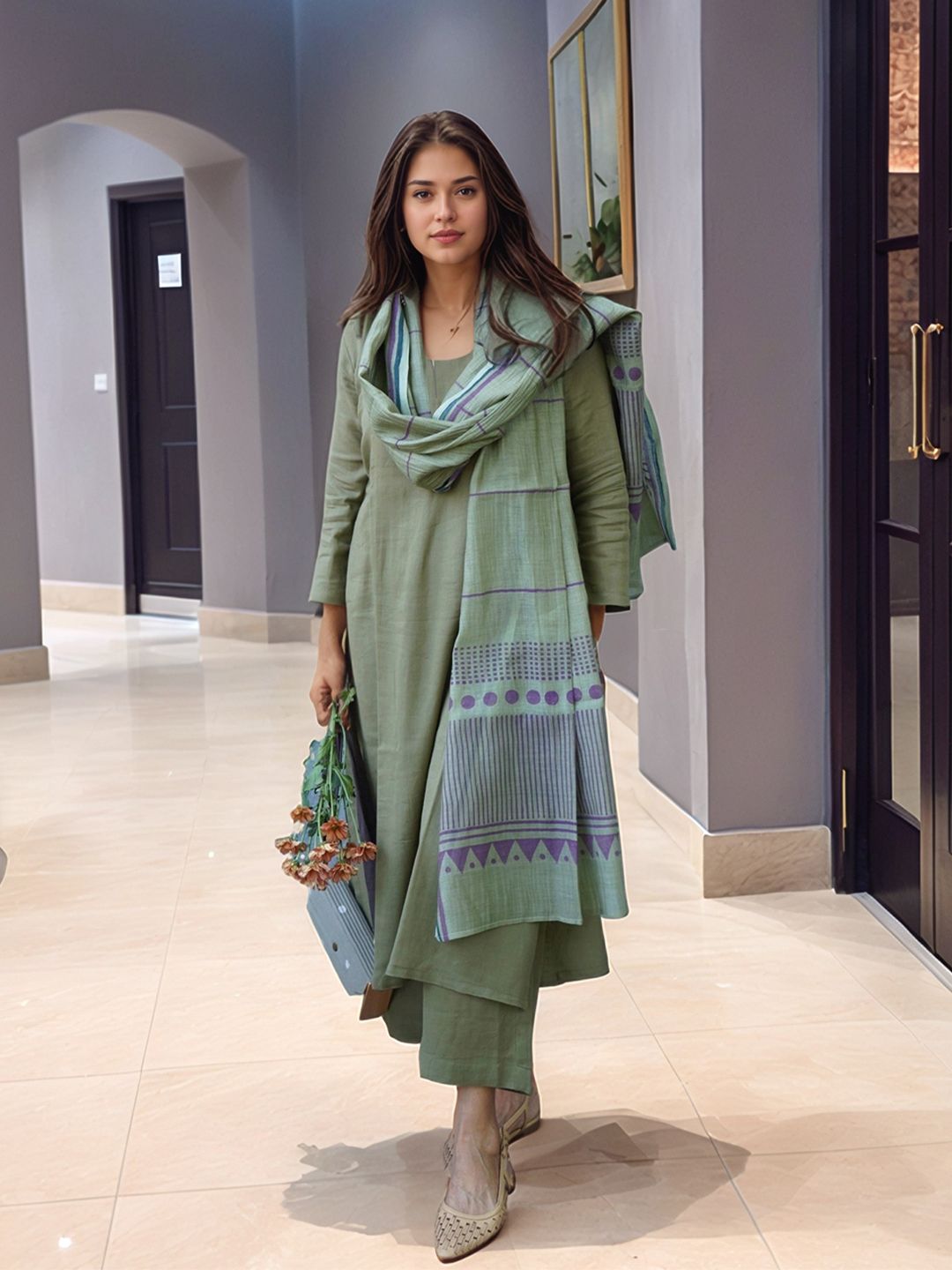 Aaghnya Women Striped Solid Kurta with Palazzo & Dupatta