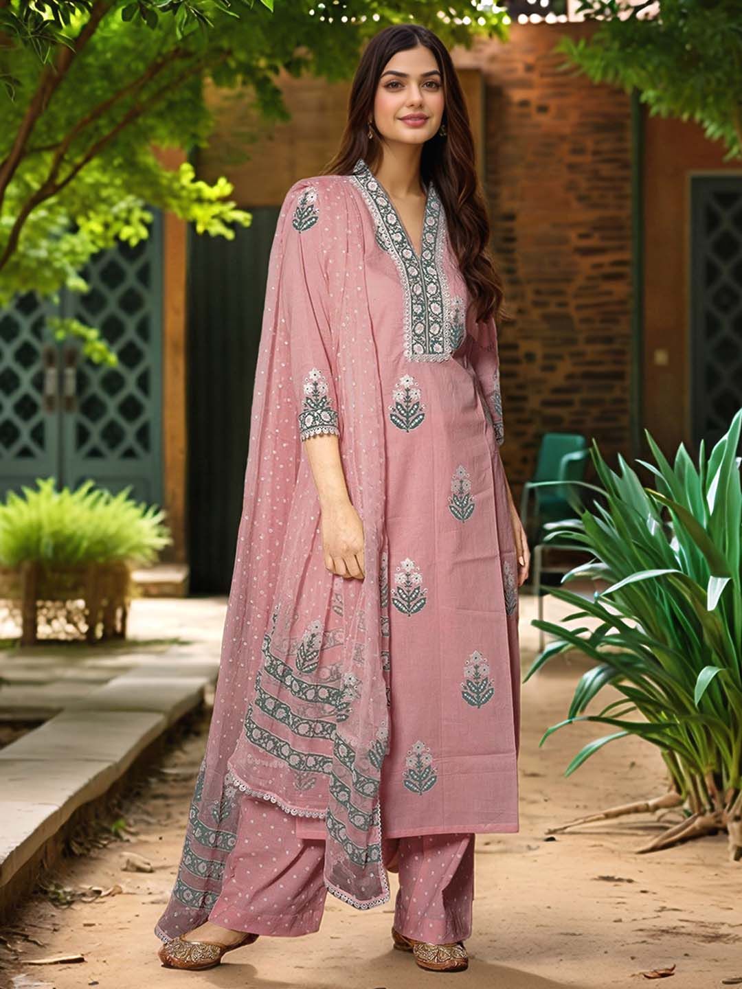 Aaghnya Floral Printed V-Neck Kurta with Palazzos & Dupatta