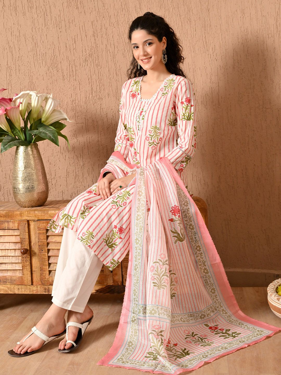 Dipani Floral Printed Pure Cotton Straight Kurta with Trousers & Dupatta