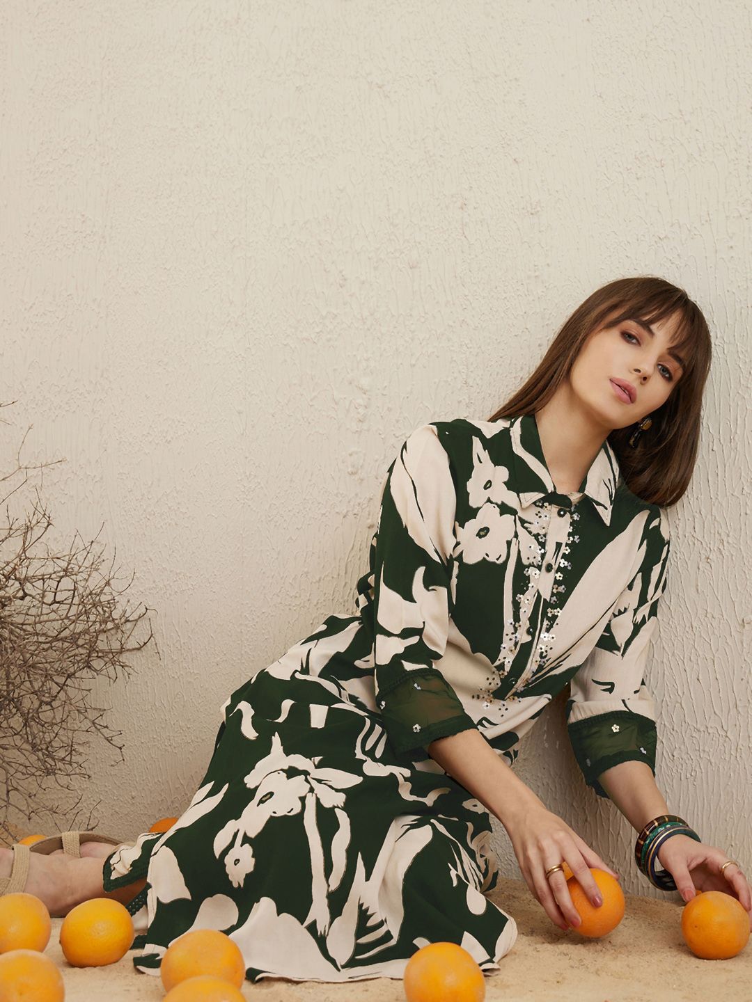 Indo Era Floral Printed Shirt Collar Straight  Kurta With Trousers