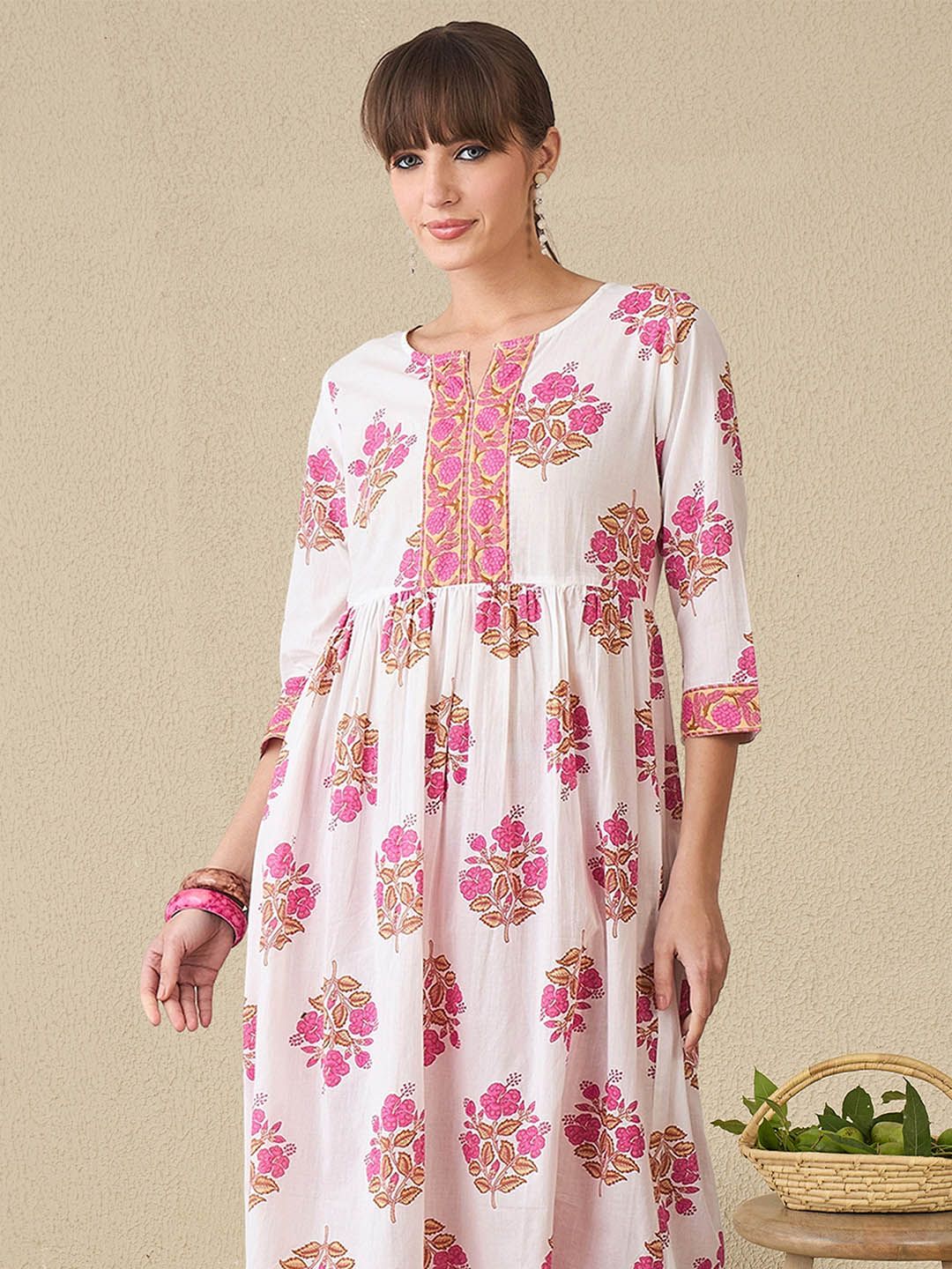 Indo Era Floral Printed Notch Neck A-Line Pure Cotton Kurta With Trousers