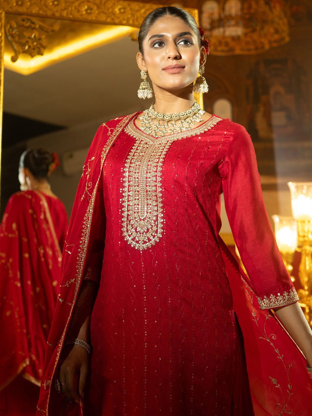 Indo Era Women Ethnic Motifs Embroidered Regular Sequinned Kurta with Trousers & With Dupatta