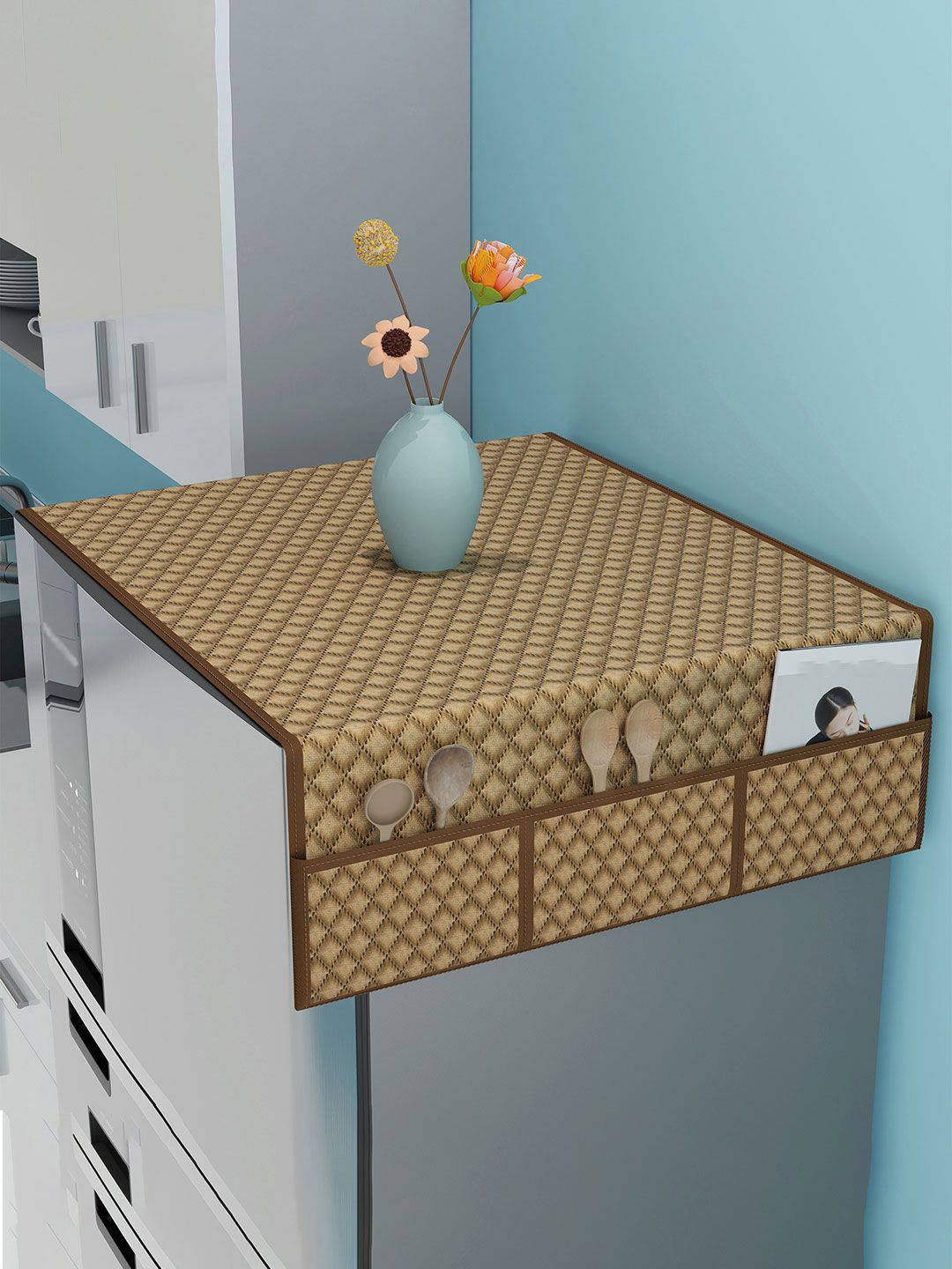 Kuber Industries Brown & Beige Quilted Velvet Fridge Top Cover With 6 Utility Side Pocket-picture-23