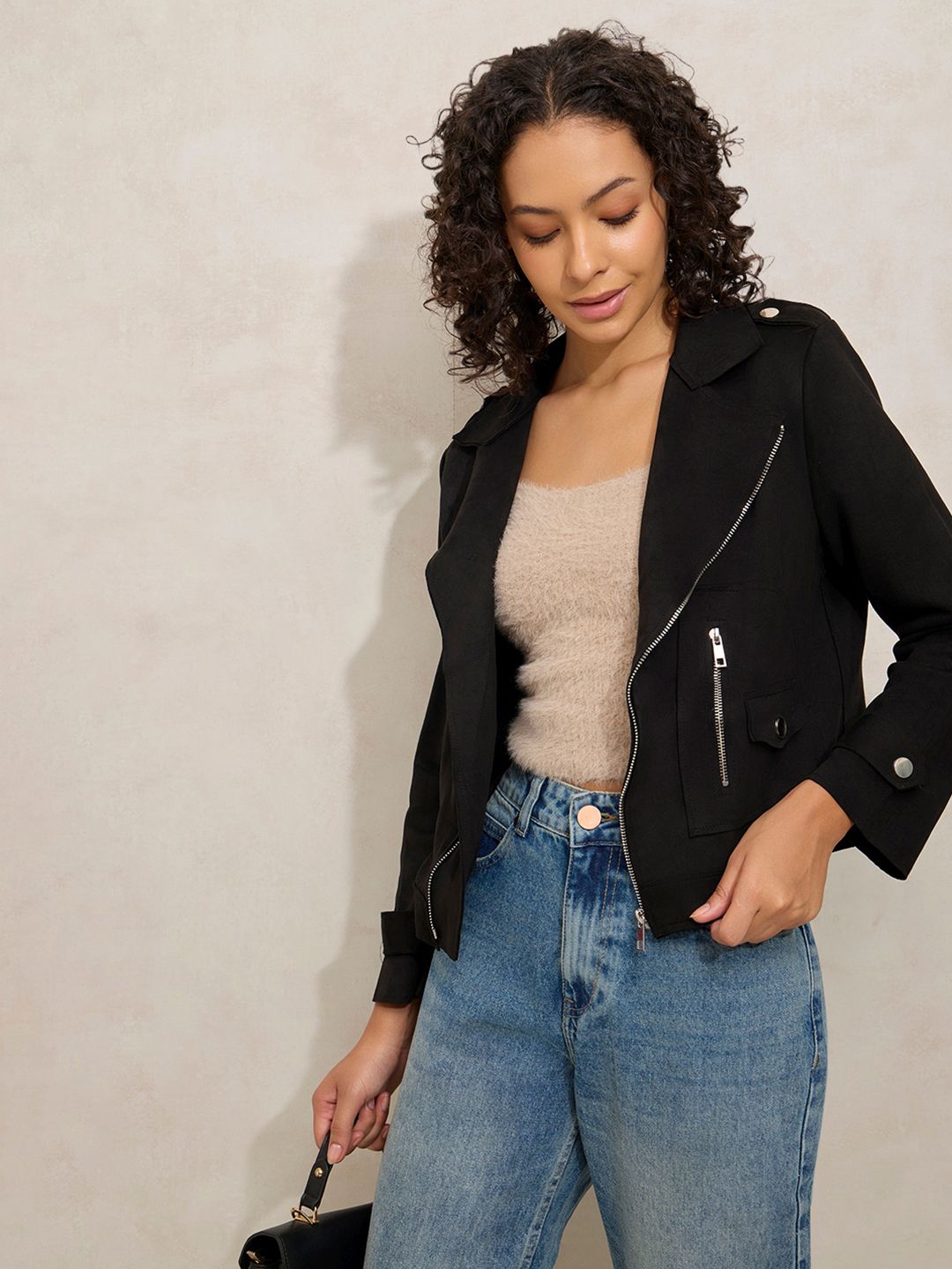 SHOWOFF Women Suede Windcheater Biker Jacket