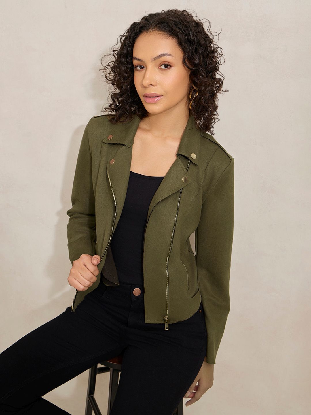 SHOWOFF Women Lapel Collar Windcheater Biker Jacket With Zip Detail