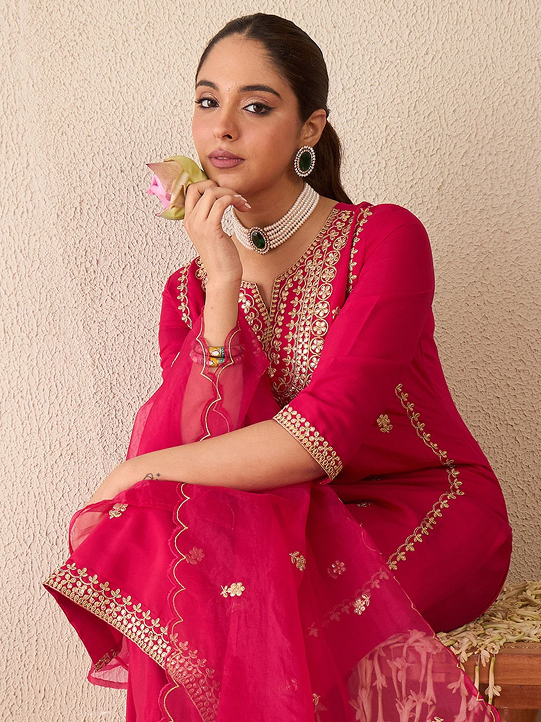 Indo Era Embroidered Gotta Patti Work Notch Neck Kurta With Trousers & Dupatta