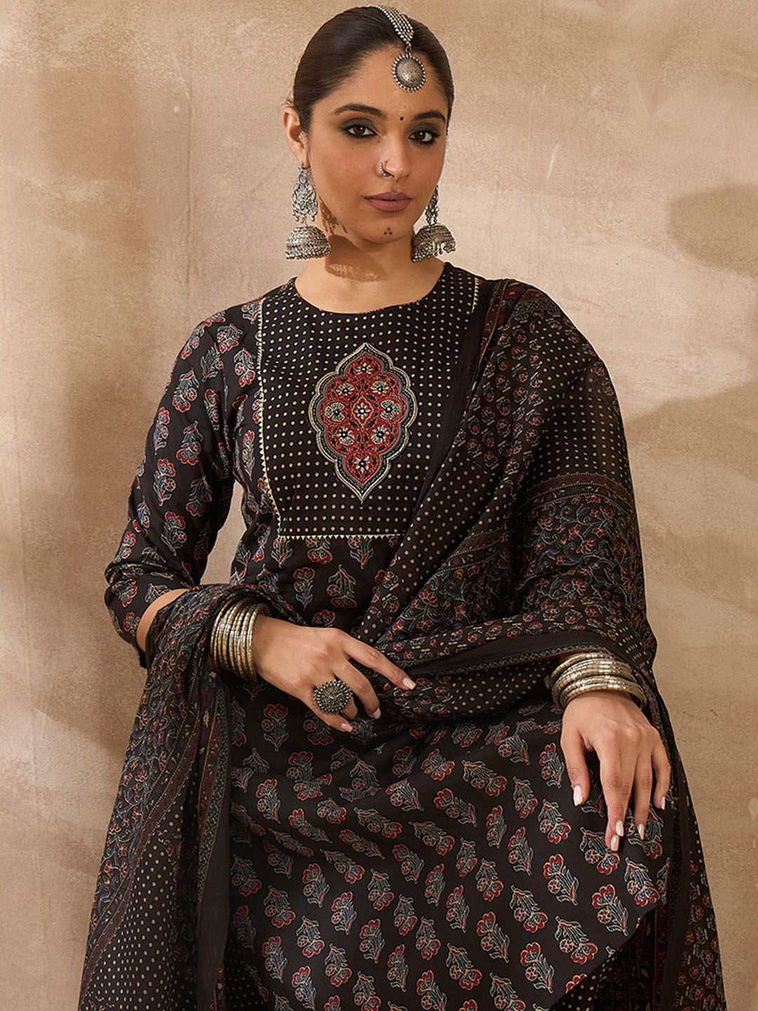 Indo Era Women Ethnic Motifs Printed Regular Thread Work Pure Cotton Kurta with Trousers & With Dupatta