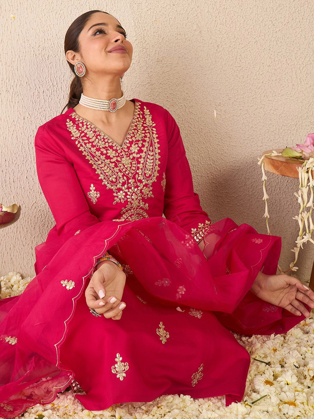 Indo Era Embroidered Gotta Patti Work V Neck Kurta With Trousers & Dupatta