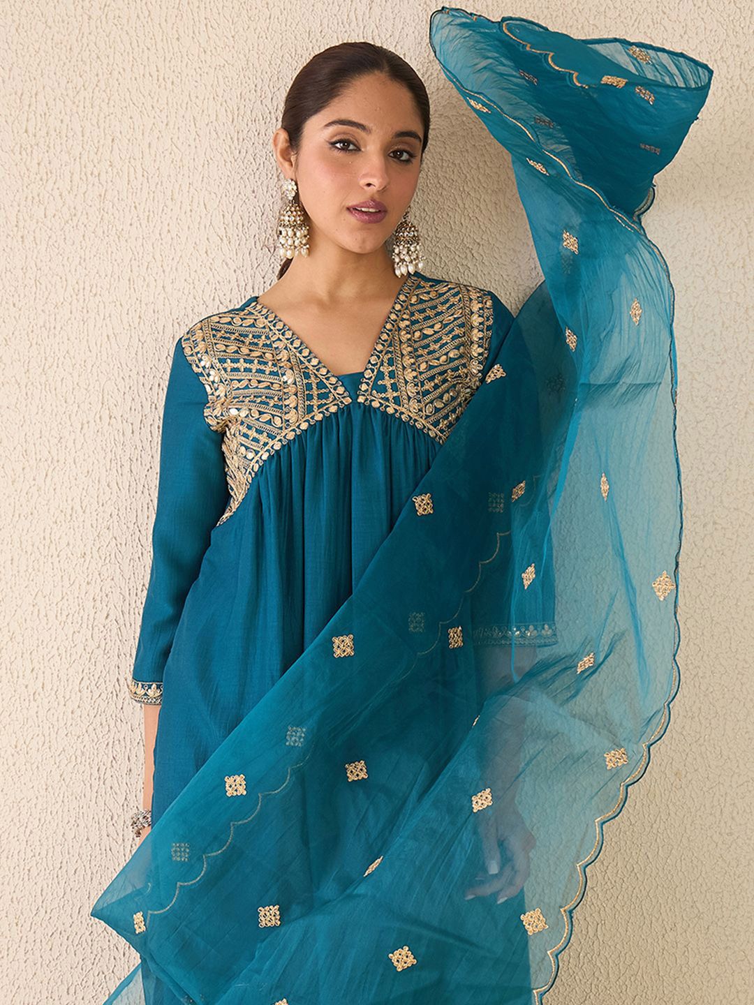 Indo Era Women Ethnic Motifs Embroidered Empire Gotta Patti Kurta with Trousers & With Dupatta