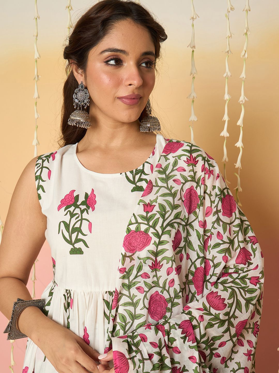 Indo Era Floral Printed Anarkali Pure Cotton Kurta With Palazzos & Dupatta