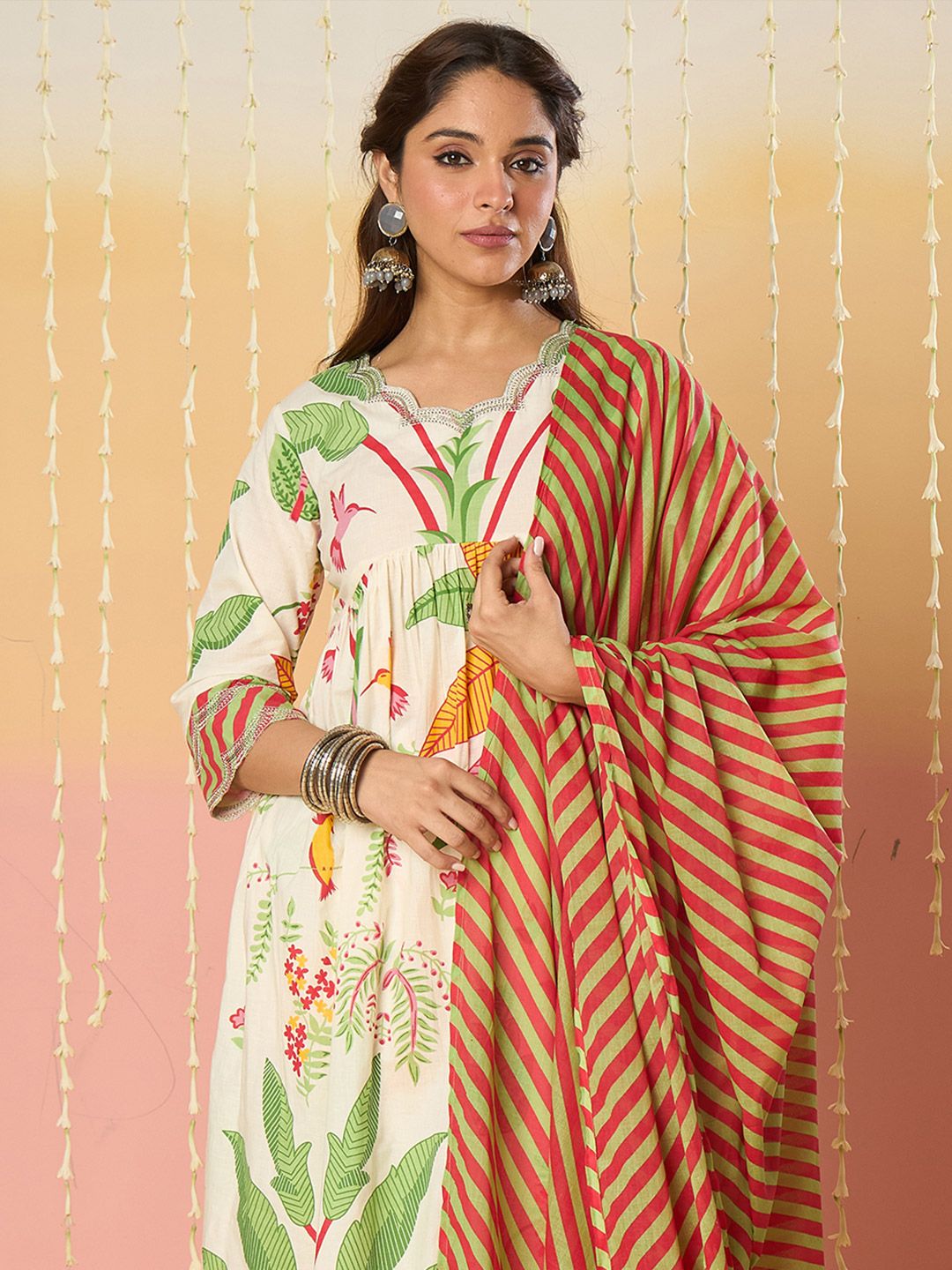 Indo Era Floral Printed Empire Screen Technique Pure Cotton A-Line With Trousers & Dupatta