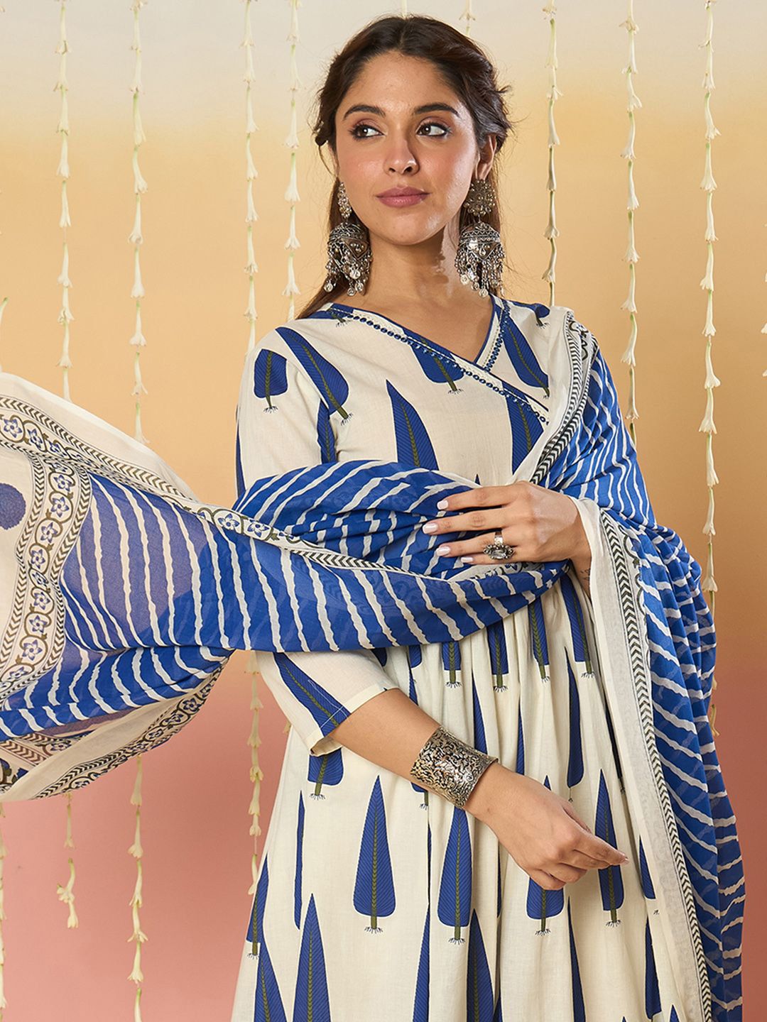 Indo Era Ethnic Motifs Printed Angrakha A-Line Pure Cotton Kurta With Trousers & Dupatta