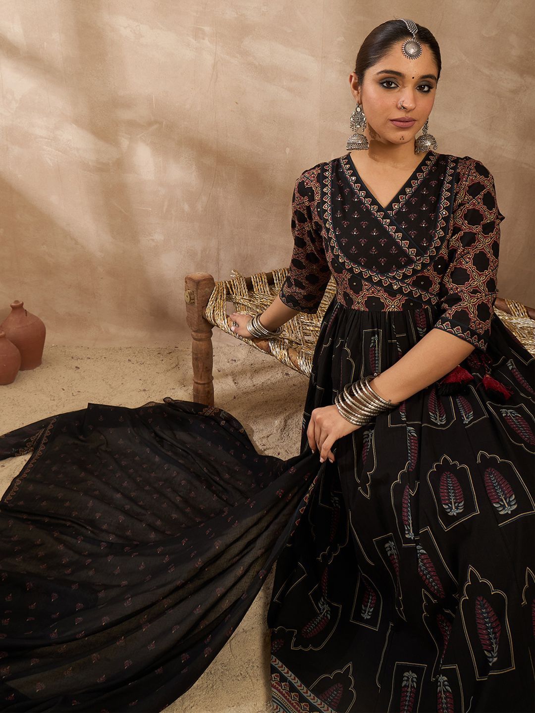 Indo Era Women Ethnic Motifs Printed Pleated Beads and Stones Pure Cotton Kurta with Trousers & With Dupatta