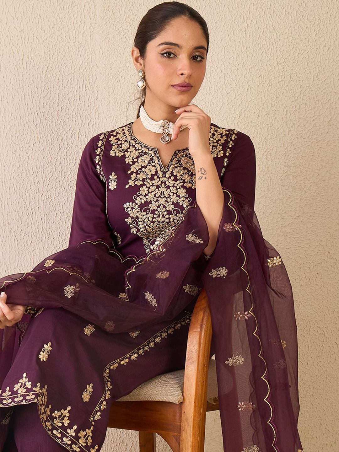 Indo Era Ethnic Motifs Embroidered Gotta Patti Work Kurta With Trousers & Dupatta