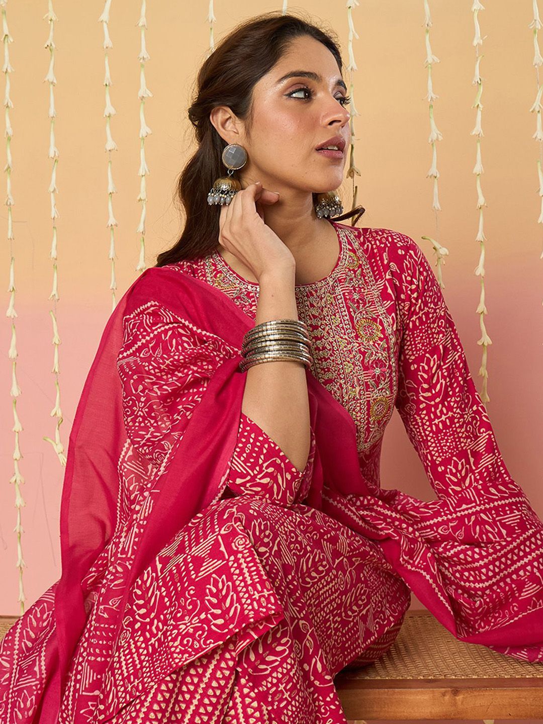 Indo Era Women Ethnic Motifs Printed Regular Pure Cotton Kurta with Trousers & With Dupatta