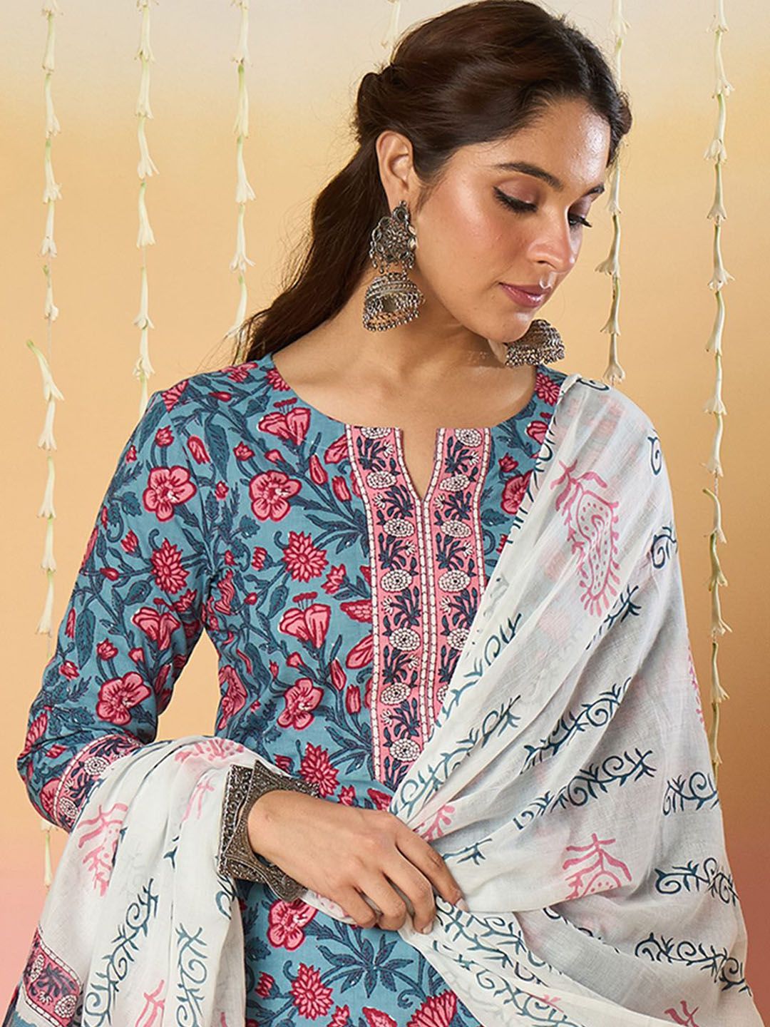Indo Era Floral Printed Notch Neck Pure Cotton Kurta With Trousers & Dupatta