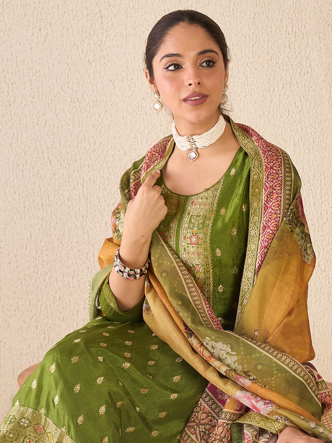 Indo Era Floral Printed Round Neck Kurta With Trousers & Dupatta-image-23