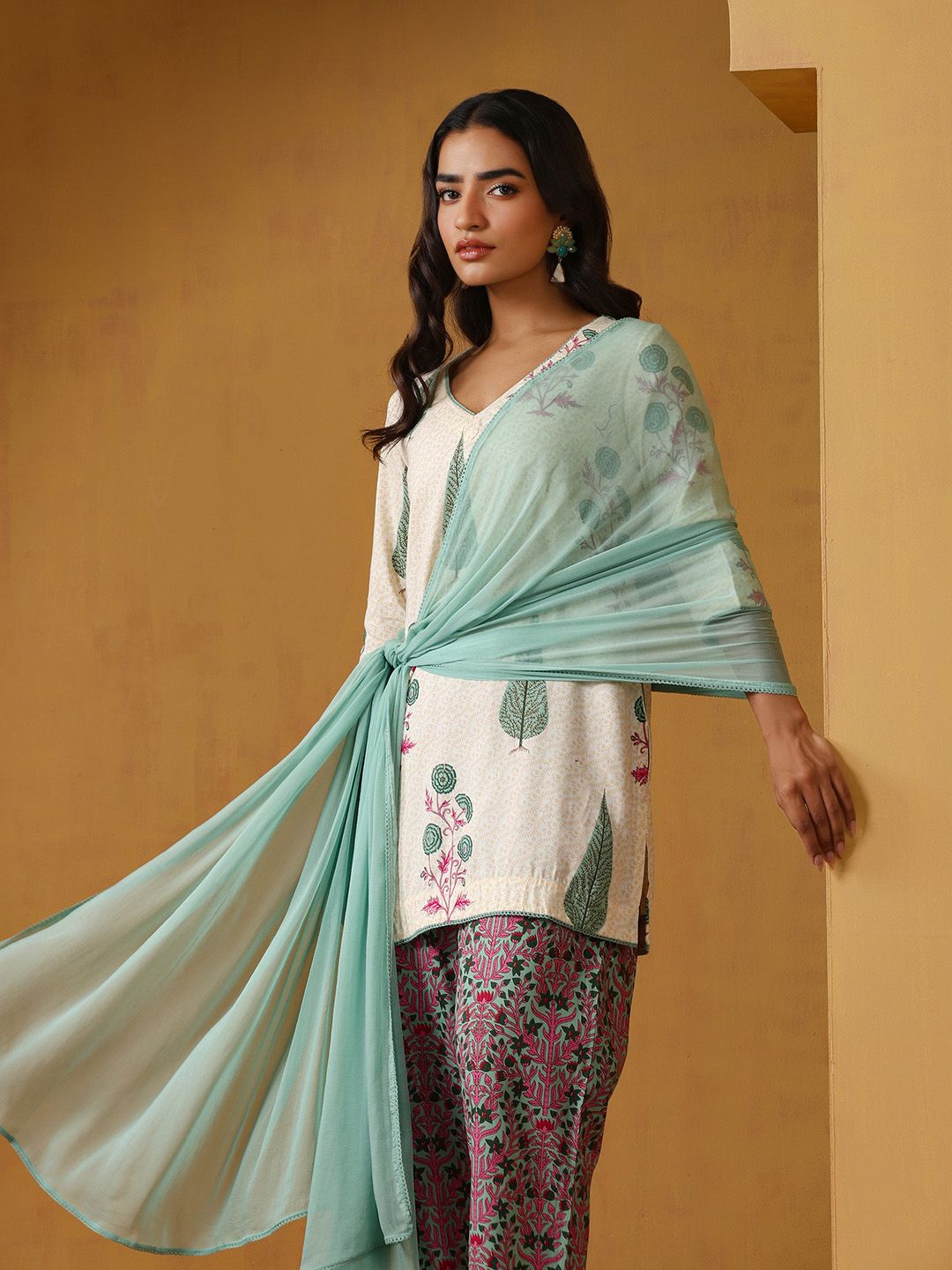 Khushal K Floral Printed V-Neck Pure Cotton Straight Kurta With Palazzo & Dupatta