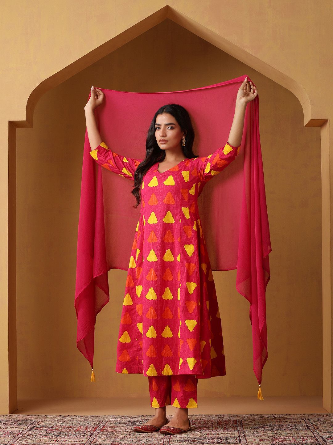 Khushal K Geometric Printed V-Neck Pure Cotton A-Line Kurta With Trousers & Dupatta